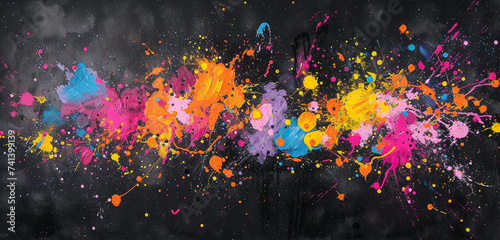 Vibrant spray paint splatters on a jet-black canvas  evoking urban street art