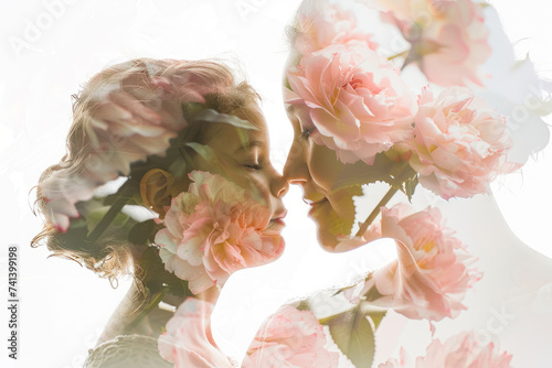 ethereal double exposure portrait of mother and daughter among cherry blossoms