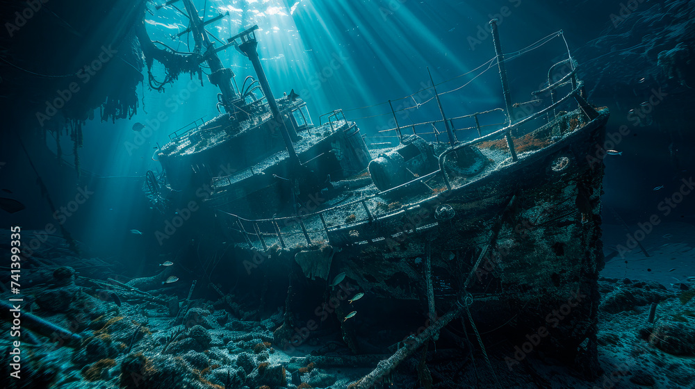 Sunken decayed fishing vessel underwater. Sunken decayed fishing vessel underwater.