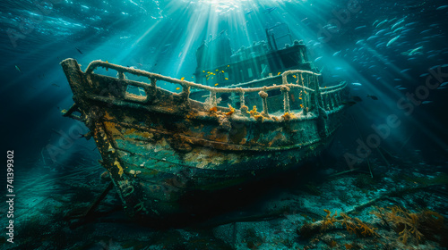 A sunken shipwreck in sea. Underwater world. photo