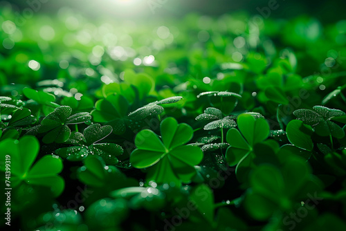 Beautiful out of focus St Patrick background with clover, copy space © Ira_Shpiller