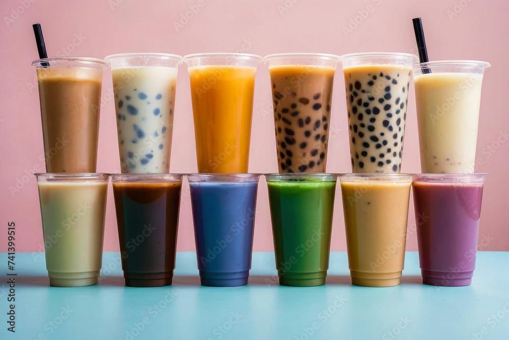Advertising image, bright cups of bubble tea standing in a row on a plain background. Trendy tapioca soft drinks, different flavors, boba.