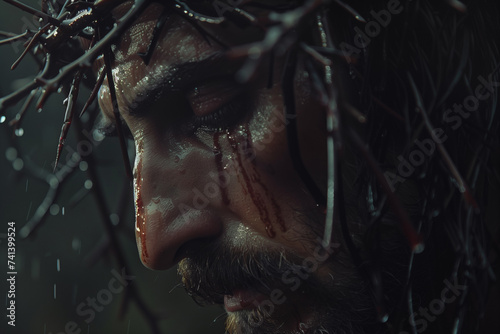 Jesus Christ wearing thorn crown, close-up of the face of the crucified Jesus Christ on the background of the black sky, generative ai