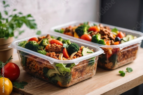 A bright photo for advertising the delivery of ready-made food, transparent plastic containers with healthy food. Dietary dishes, boxes on the table.