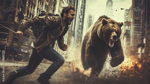 Terrified man screaming and running from a bear on a city street. A predator in the city