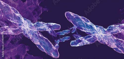 Visual depiction of anaphase I in meiosis with homologous chromosomes separating, against a violet background, including labeled diagram photo