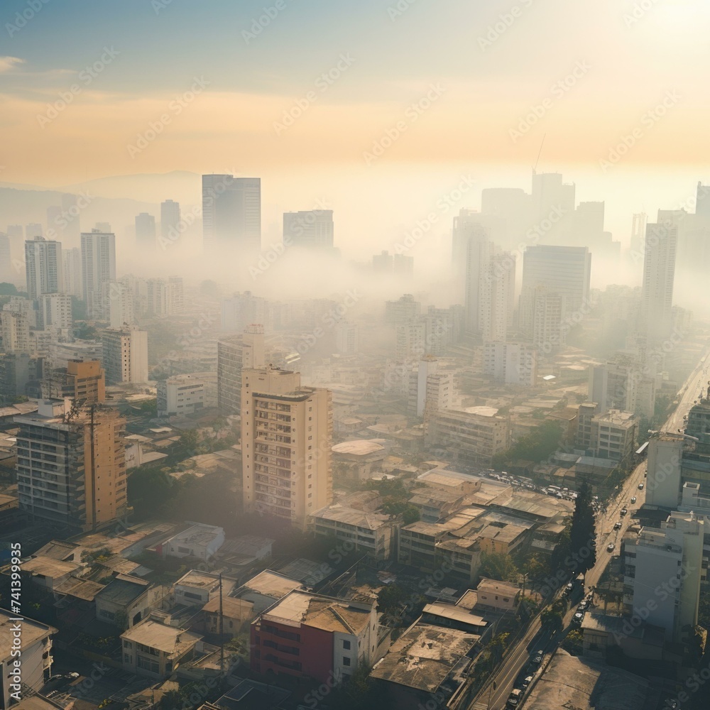 Obraz premium A city with tall buildings and a lot of fog. Generative AI.