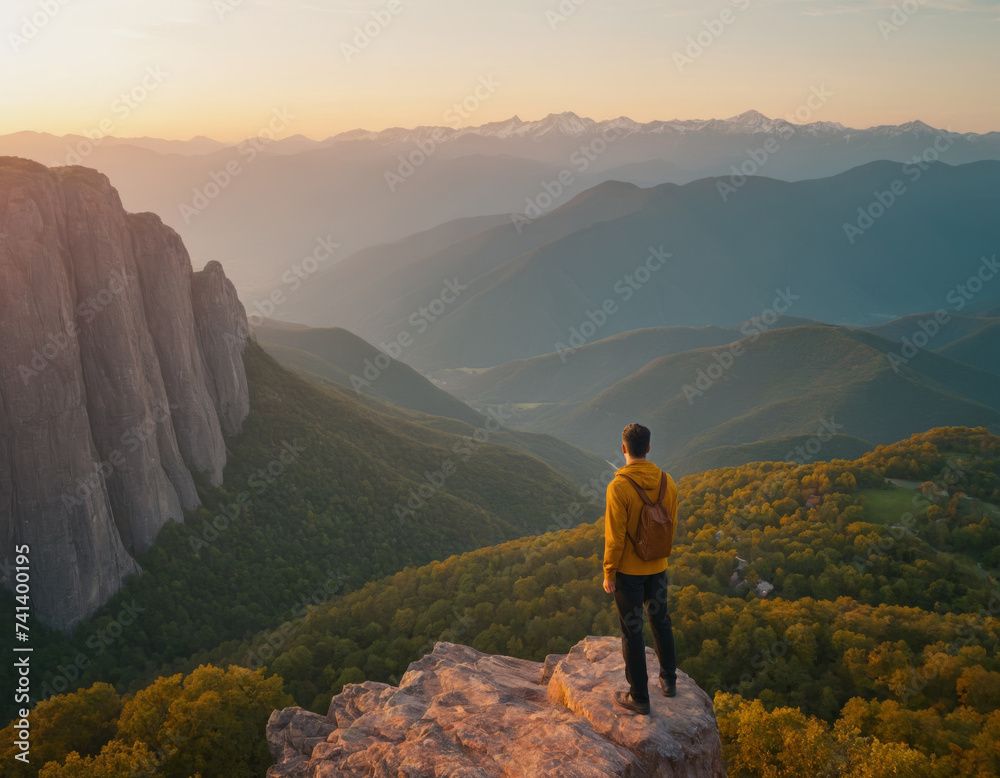 Obraz premium A man on top against the backdrop of a mountain valley at sunset