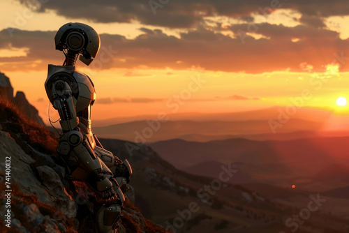 Robot sitting in the mountains at sunset