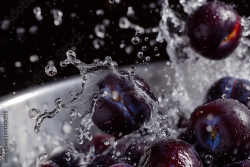 plums falling into a tub with a splash