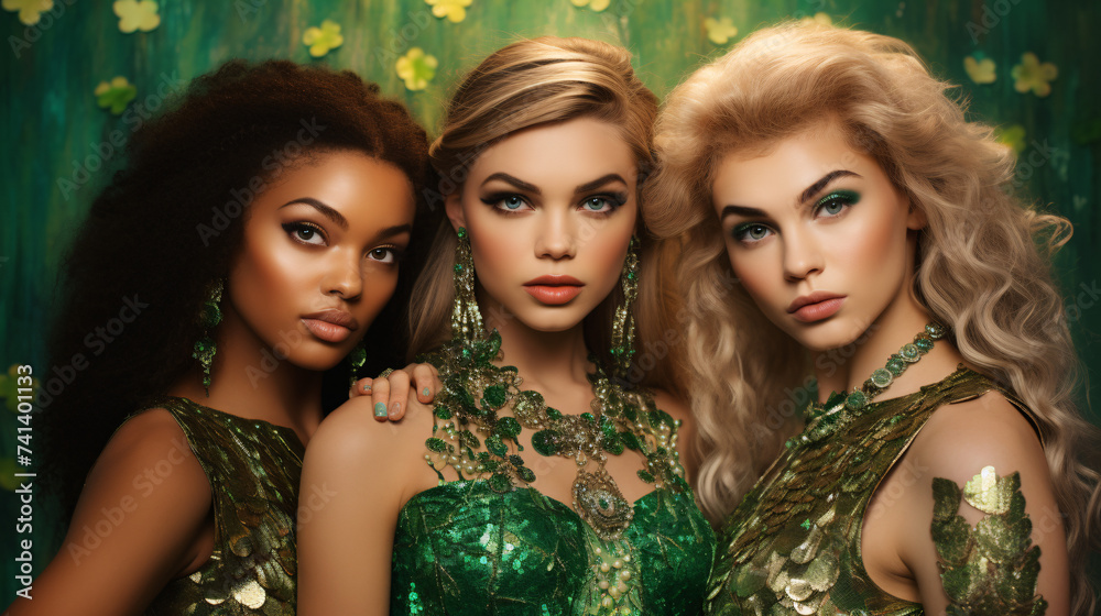 Three beautiful young women in green dresses. Fashion shot. Beauty, fashion. Three beautiful young women in green dresses. Fashion shot. Beauty, fashion.