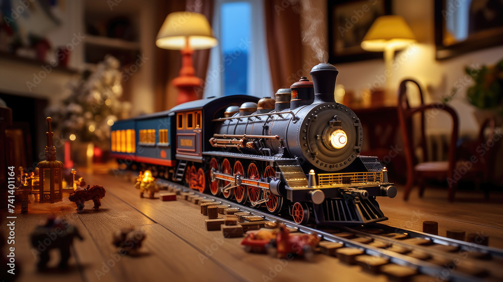 A toy train is on the tracks in a room. Generative AI.