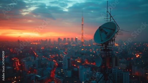Urban skyline at dusk featuring a prominent satellite antenna