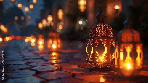 3D lanterns glowing softly during Ramadan night
