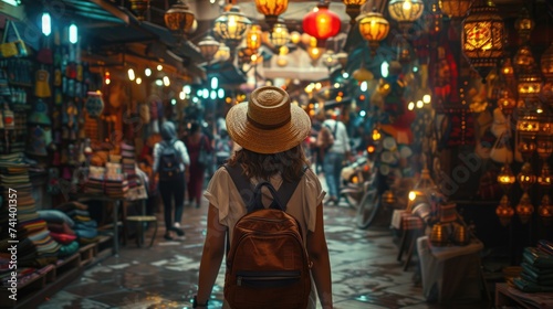 A woman strolling over a unique market street with a rucksack and hat. Generative Ai. © Planum