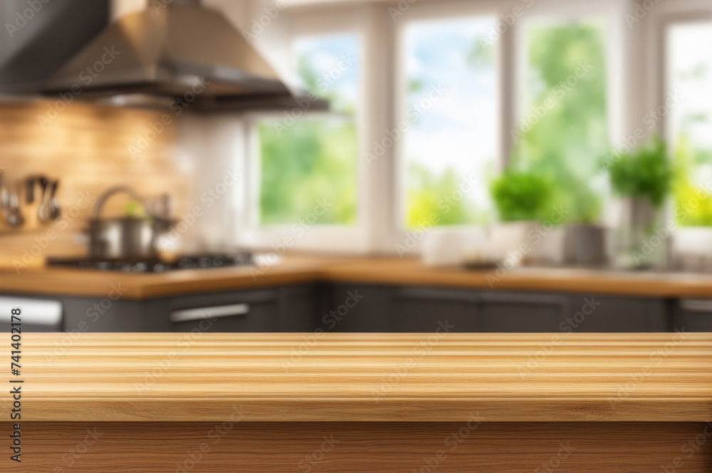Wooden Countertop with Blurred Kitchen Window