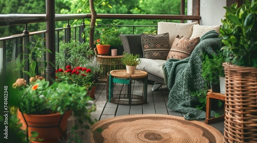 Cozy balcony with lush greenery, comfortable seating, comfy cushions. Interior exterior design, home decor, relaxation, enjoying nature amidst an urban setting. photo