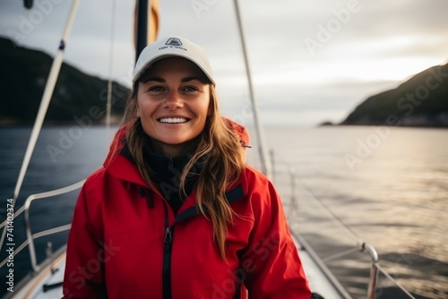 Portrait of a happy young woman sailing on a yacht at sunset