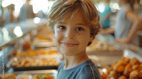 A contented boy and several children at the buffet. Generative Ai. © Planum