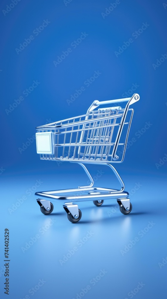 Shopping cart on blue background 3d illustration. Generative AI.