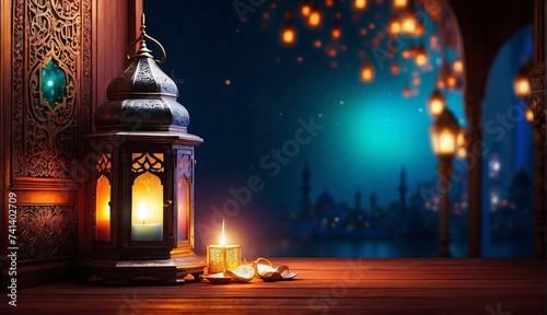 Islamic lantern on dark background, Ramadan, eid mubarak, Eid al Adha. 