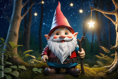 Smiling gnome, soft beard barely a fuzz, wearing a tiny pointed hat, under a starlit sky photo