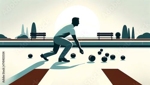 A man crouches to roll a lawn bowl towards the jack on a sunny day, with park benches and trees under a large sun. AI generated.