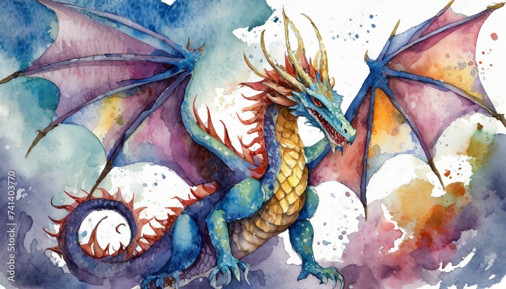 Mystical Watercolor Dragon: A Vibrant Fantasy Design