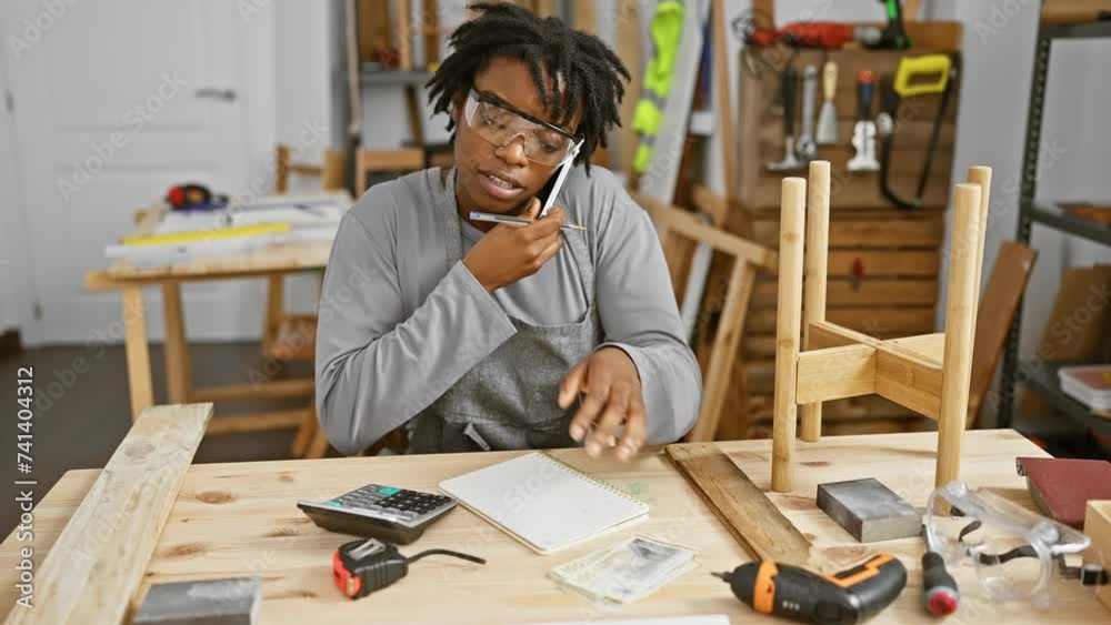 Young african woman with dreadlocks multitasking with phone and danish currency in woodwork studio