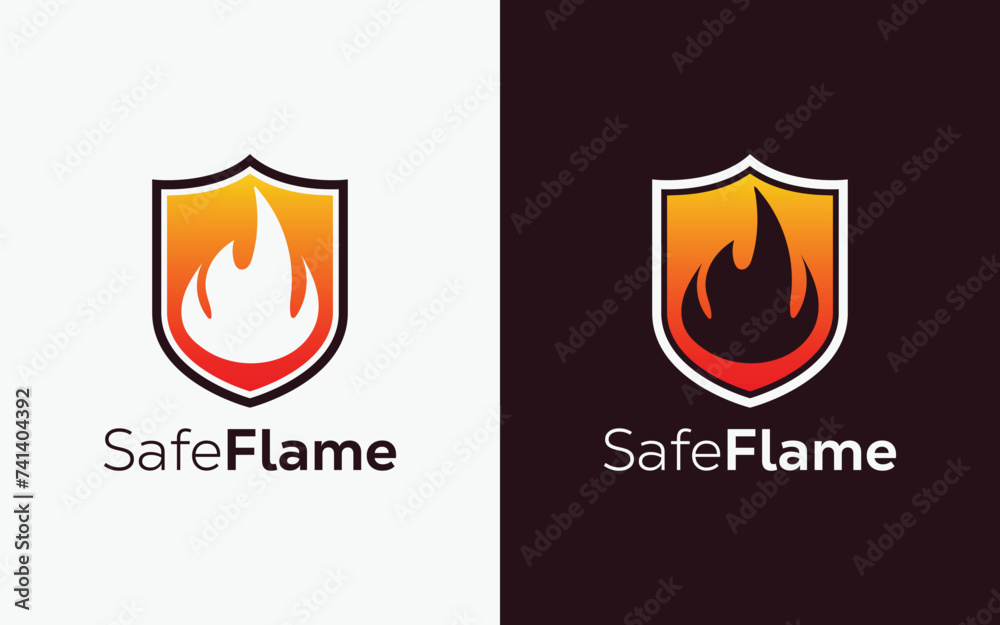 Minimalist Fire Flame and shield vector logo. Modern colorful Fire ...