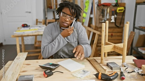Young african woman with dreadlocks multitasking with phone and danish currency in woodwork studio photo