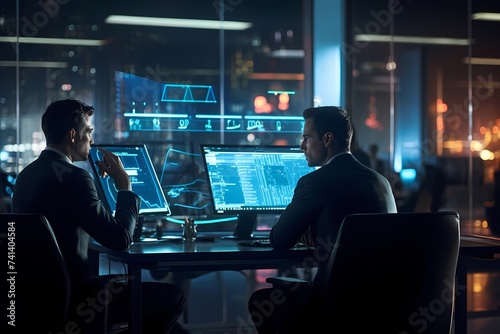 An intense conversation between two traders in a sleek, modern office, surrounded by futuristic-looking computer setups.