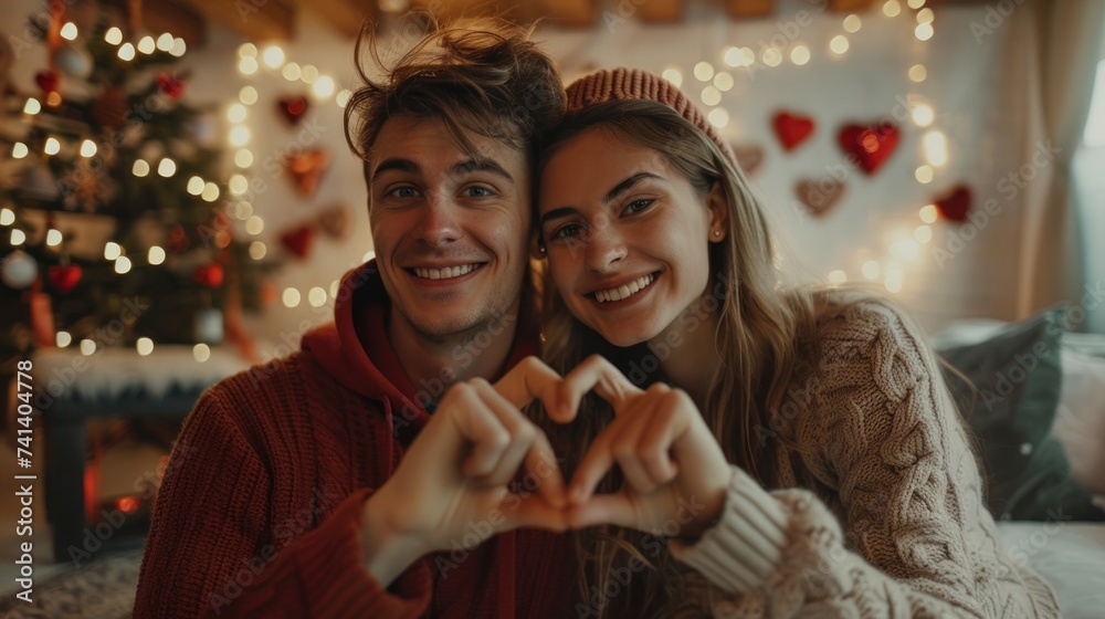 Beautiful young couple at home is making heart sign with hands, smiling and looking at camera. Celebrating Saint Valentine's Day. Beautiful young couple at home is making heart sign with hands, smiling and looking at camera. Celebrating Saint Valentine's Day.