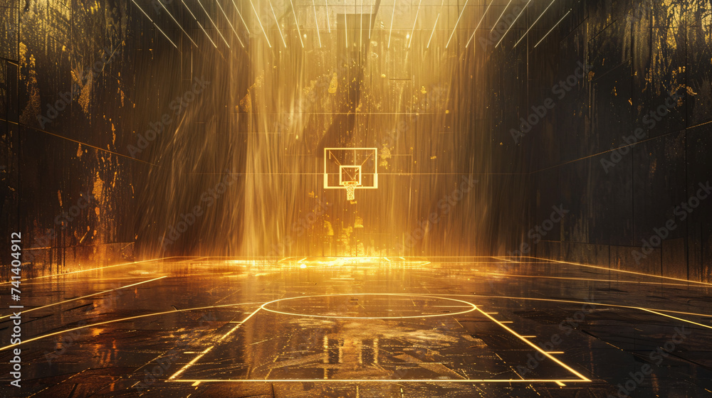basketball court with a spotlight, in the style of dark gold - obrazy, fototapety, plakaty 