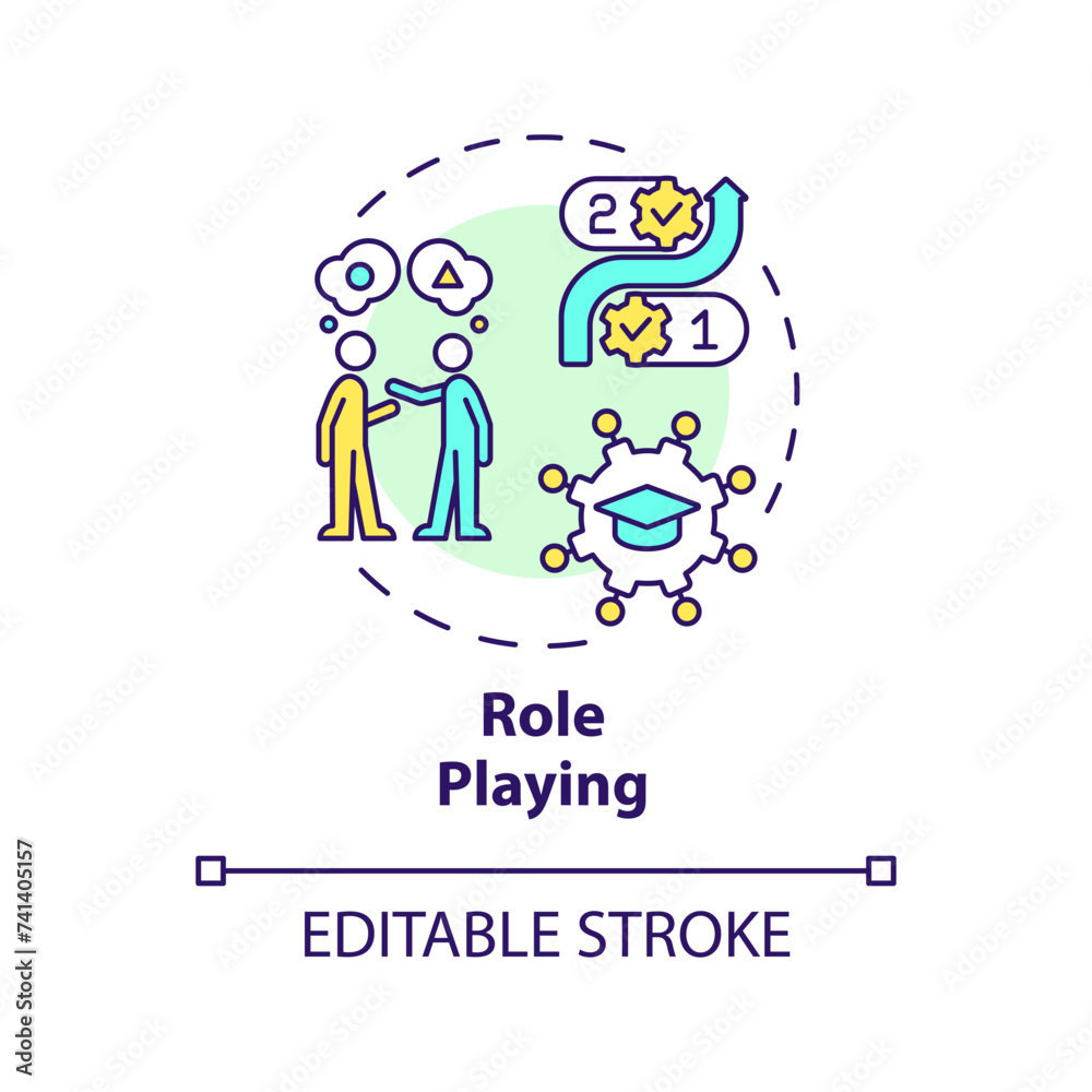 Role playing multi color concept icon. Understand different perspectives, practice skills. Round shape line illustration. Abstract idea. Graphic design. Easy to use in presentation Role playing multi color concept icon. Understand different perspectives, practice skills. Round shape line illustration. Abstract idea. Graphic design. Easy to use in presentation