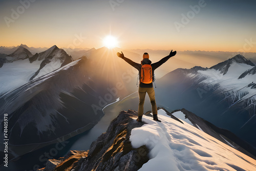 A man with a backpack on top of snow-capped mountains at sunset