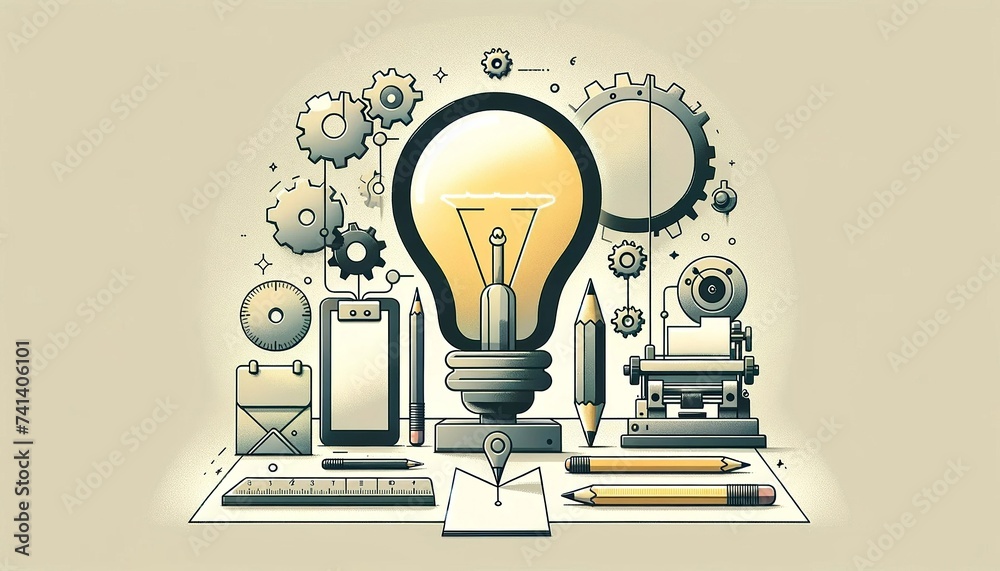 An illustration of innovation and technology with a lightbulb, gears, a ...