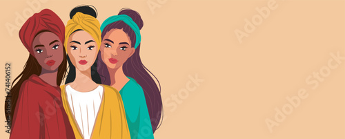 Vector horizontal banner place for text strong women standing together next to each other. Concept of the movement for gender equality and women's empowerment