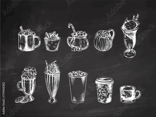 A set of hand-drawn sketches of cold and hot drinks on chalkboard background. Vector illustration in vintage style. Beverages. Good for the menu..