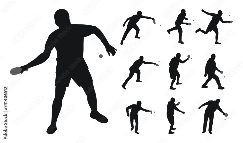 Set of black silhouettes of tennis players with racket and ball, isolated vector