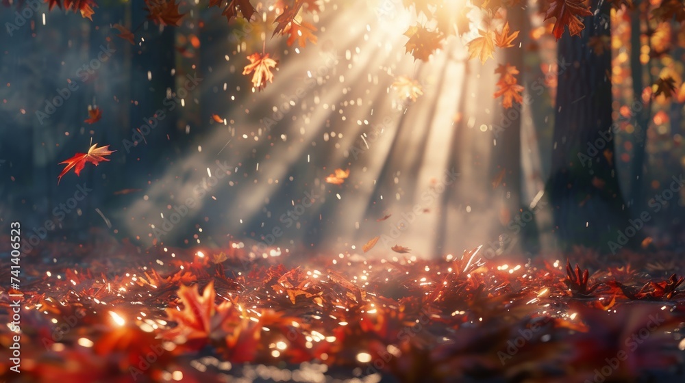 Dawn's early light whispers over a tapestry of fallen leaves - obrazy, fototapety, plakaty 