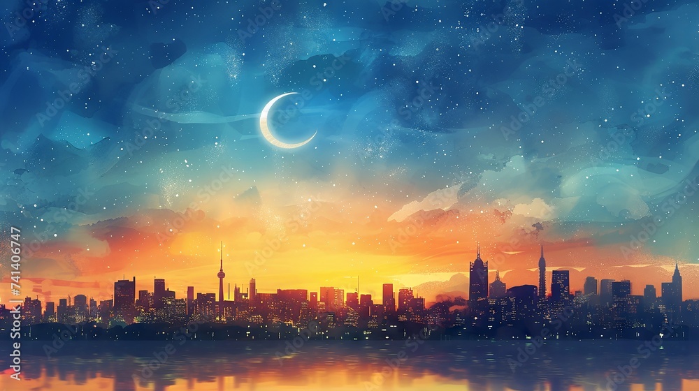 Watercolor skyline with crescent moon for Ramadan Kareem