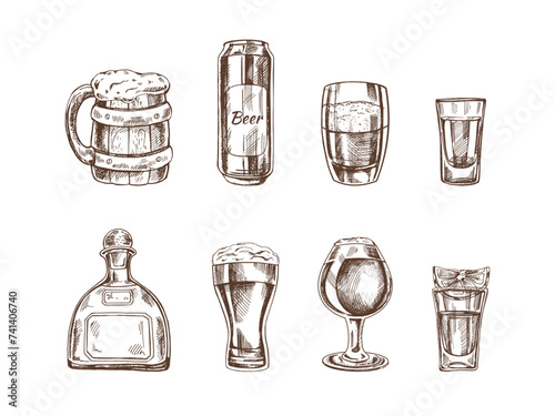 A set of hand-drawn sketches of alcohol drinks. Vector illustration in vintage style. Beverages. Good for the menu..
