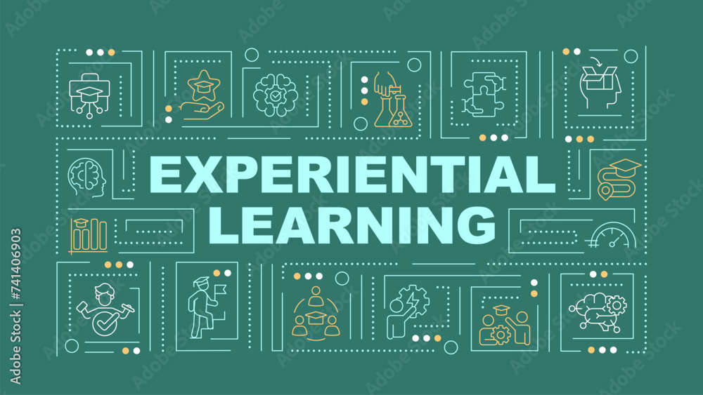 Experiential education strategies green word concept. Experimentation. Typography banner. Flat design. Vector illustration with title text, editable line icons. Ready to use. Arial Black font used