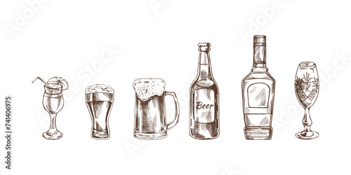 A set of hand-drawn sketches of alcohol drinks. Vector illustration in vintage style. Beverages. Good for the menu..