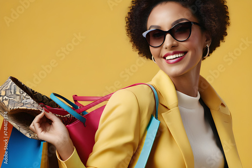 A beautiful woman shopper in sunglasses with bags on a yellow background