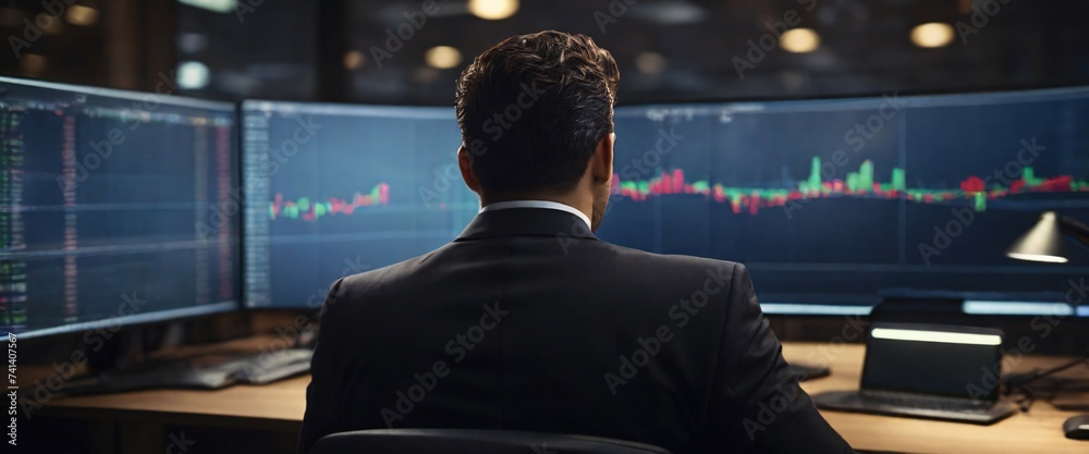  buying stocks with a mesmerizing depiction of an businessman, their back presented in a half-turn, wearing suits in an office, seated in front of a commanding monitor, engrossed in the process - obrazy, fototapety, plakaty 