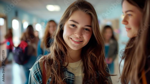 Friendly teenage girls in a school corridor.