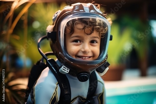 Portrait of a cute little boy wearing scuba diving suit. © Nerea