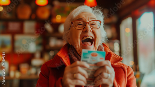 Elderly woman ecstatic with winning lottery ticket.
